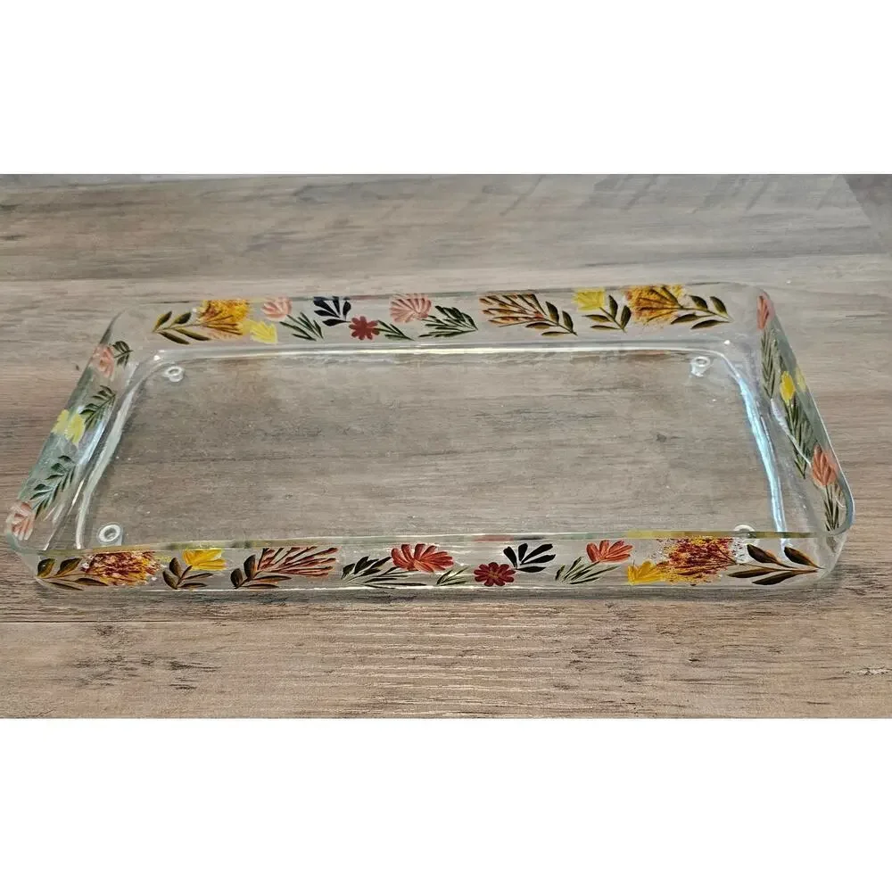 Vintage Hand Painted Glass Tray Floral Rectangle Retro Cottage Trinket Holder